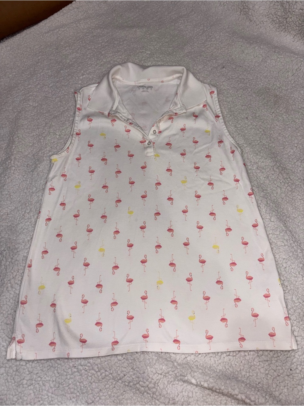 Lands' End White Sleeveless Polo with Pink Flamingo Print Size Small
